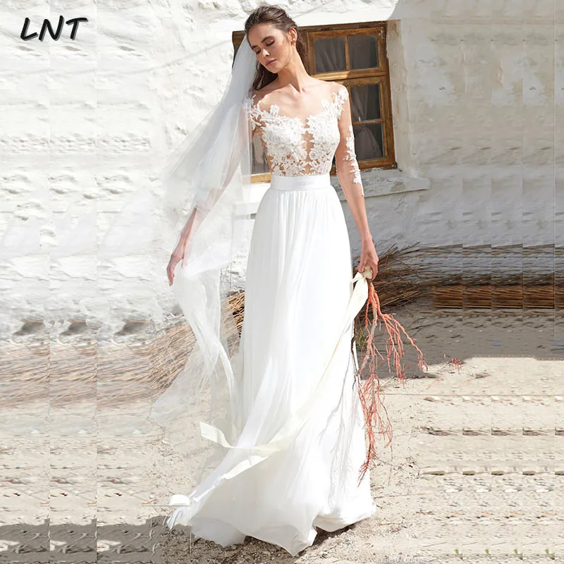 

Beach Wedding Dresses 3/4 Sleeves Wedding Gowns Sheer Neck Appliques Sexy A Line Bride Dress vestido de noiva
