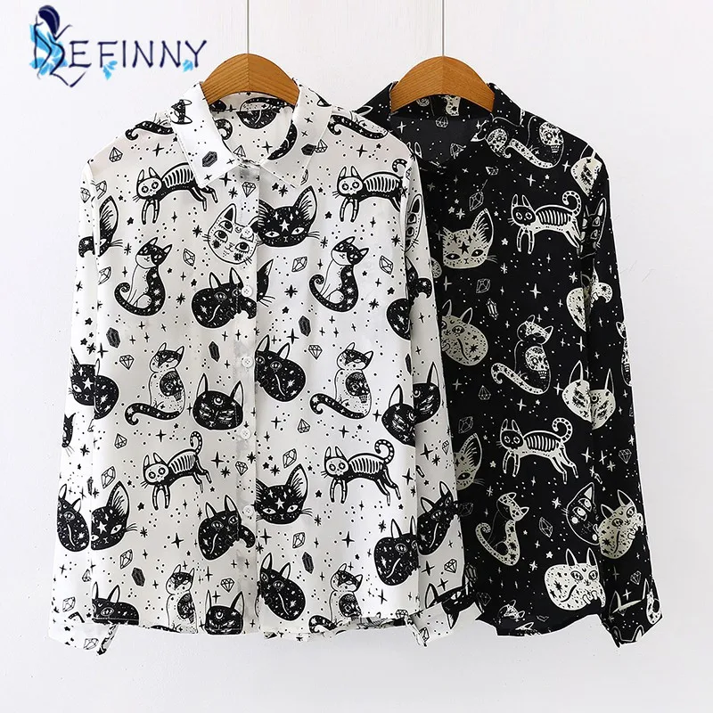 ladies shirts Women Shirt Cat Pattern Printed Personality Tops and Blouses Fashion Office Lady Long Sleeve Clothes White Black chiffon blouse