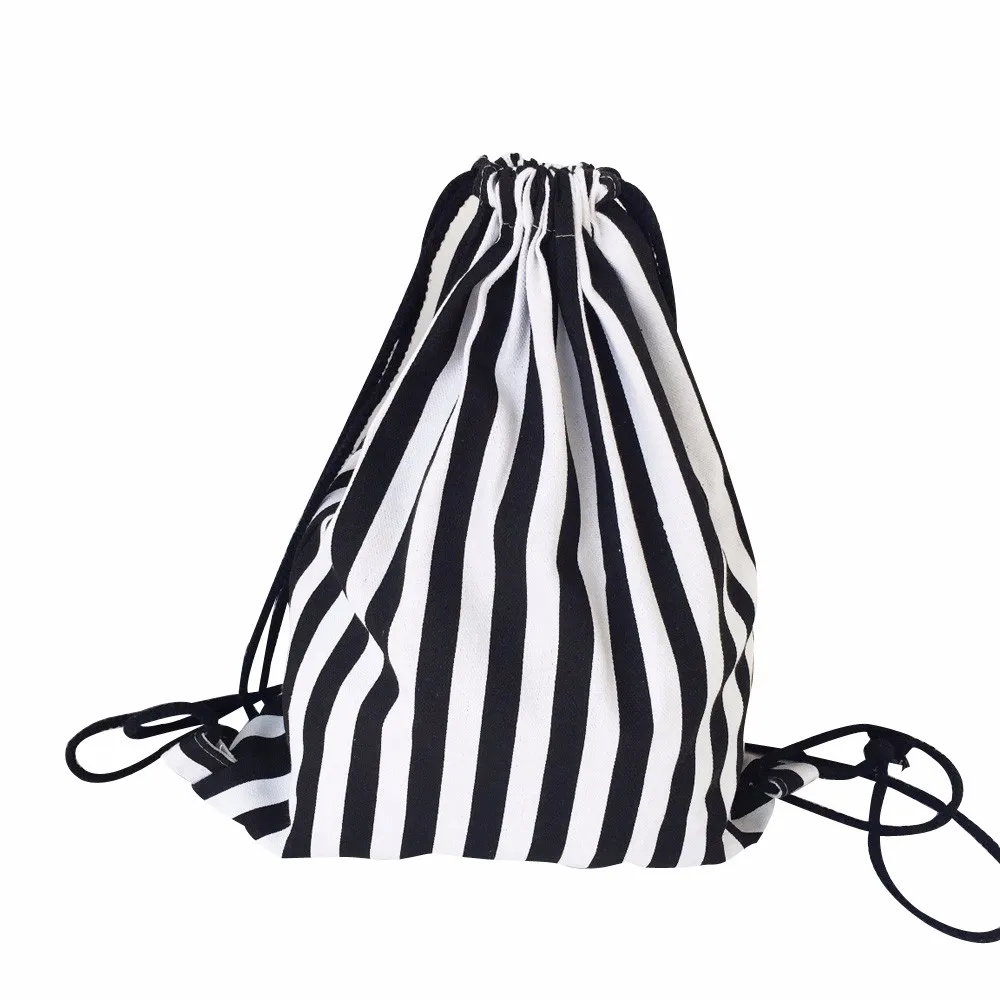 Повседневный брезентовый Рюкзак со шнурком светильник Холщовая Сумка через плечо черно-белая полоса сумки через плечо модный рюкзак - Цвет: Черный