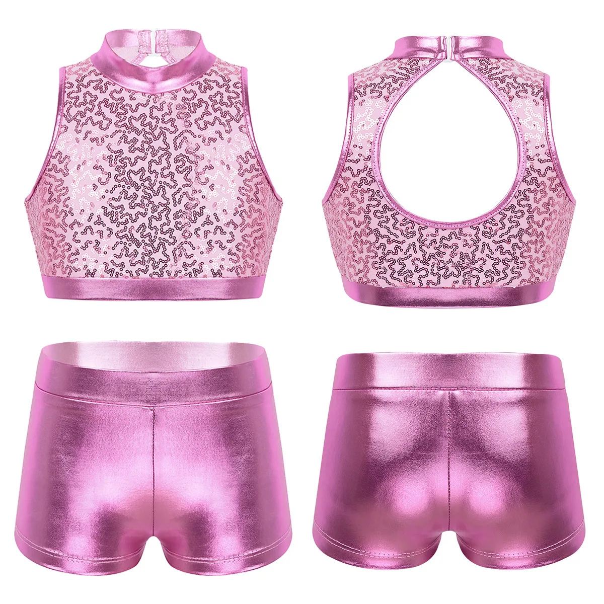 Kids Girls Sports Suit Ballet Dancewear Outfit Sequins Crop Top Metallic Bottoms Set For Jazz Hip Hop Dance Gymnastics Workout