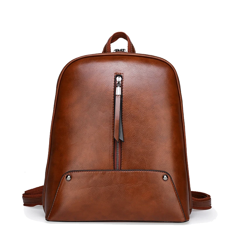 

Vintage PU Leather Backpack Female Casual School Bag For Girl Simple Designer Fashin Waterproof Oil Wax Designer High Quality