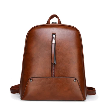 

Vintage PU Leather Backpack Female Casual School Bag For Girl Simple Zipper Design Fashin Waterproof Oil Wax Leather Designer