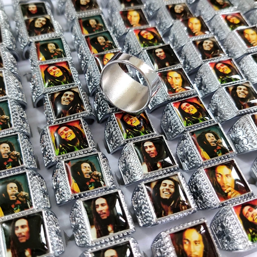 20/ 50pcs Wholesale Mix lot Bob Marley Ring Men's Punk Rocker Silver Plated Alloy Ring Male Party Jewelry Man Gift 6