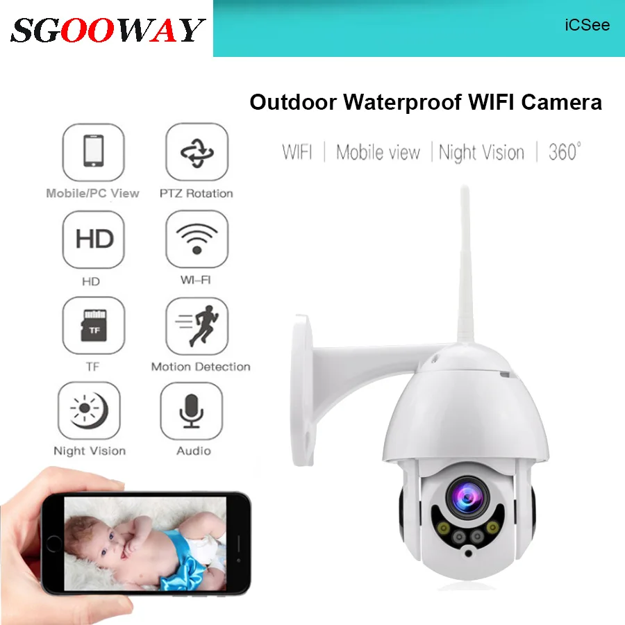 

Sgooway Outdoor Waterproof WiFi PTZ Pan Tilt 1080P HD Security IP IR Camera Night Vision