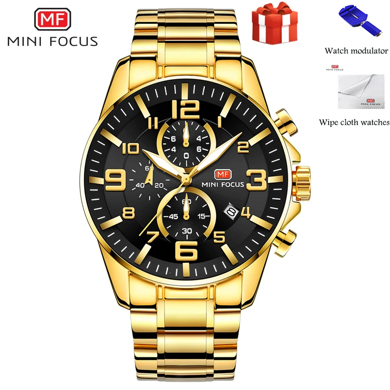 

MINI FOCUS- Gold Watch Pagani Design Large Dial Luminous Small Three Needle Waterproof Steel Belt Watches Mens 2020