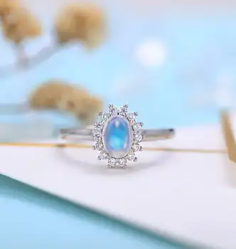 

Unique Solid 14K White Gold Center 5*7mm Oval Cut Moonstone Floral Halo Engagement Ring for Women Bridal Jewelry