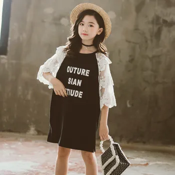 

New 2020 Summer Lace Sleeve Girls Dress Children Letter Dresses Cute Baby Girls Princess Dress Kids Patchwork Dresses, #8620