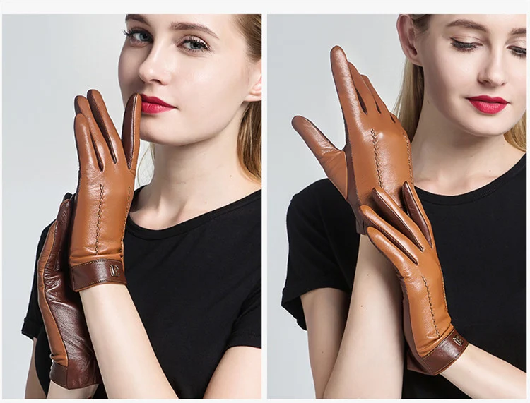 Натуральная кожа Для женщин перчатки женские элегантные два тона перчатки из овечьей кожи осень-зима теплый плюш внутри на 3326
