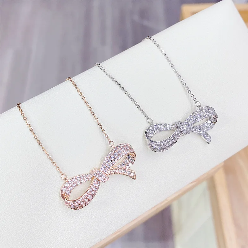 

LUALA Bow-knot Micro Pave CZ Zircon Cubic Zirconia Necklace Copper Clavicle Rose Gold Plated Snake Chain Choker Pendant