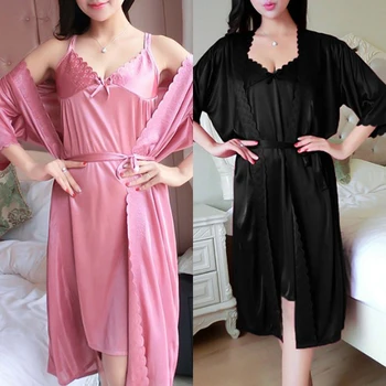 

Women's Sexy Pajamas Two-Piece Lace Ice Silk Satin Night Longe Dress Nightgown Homewear Summer Sleepwear