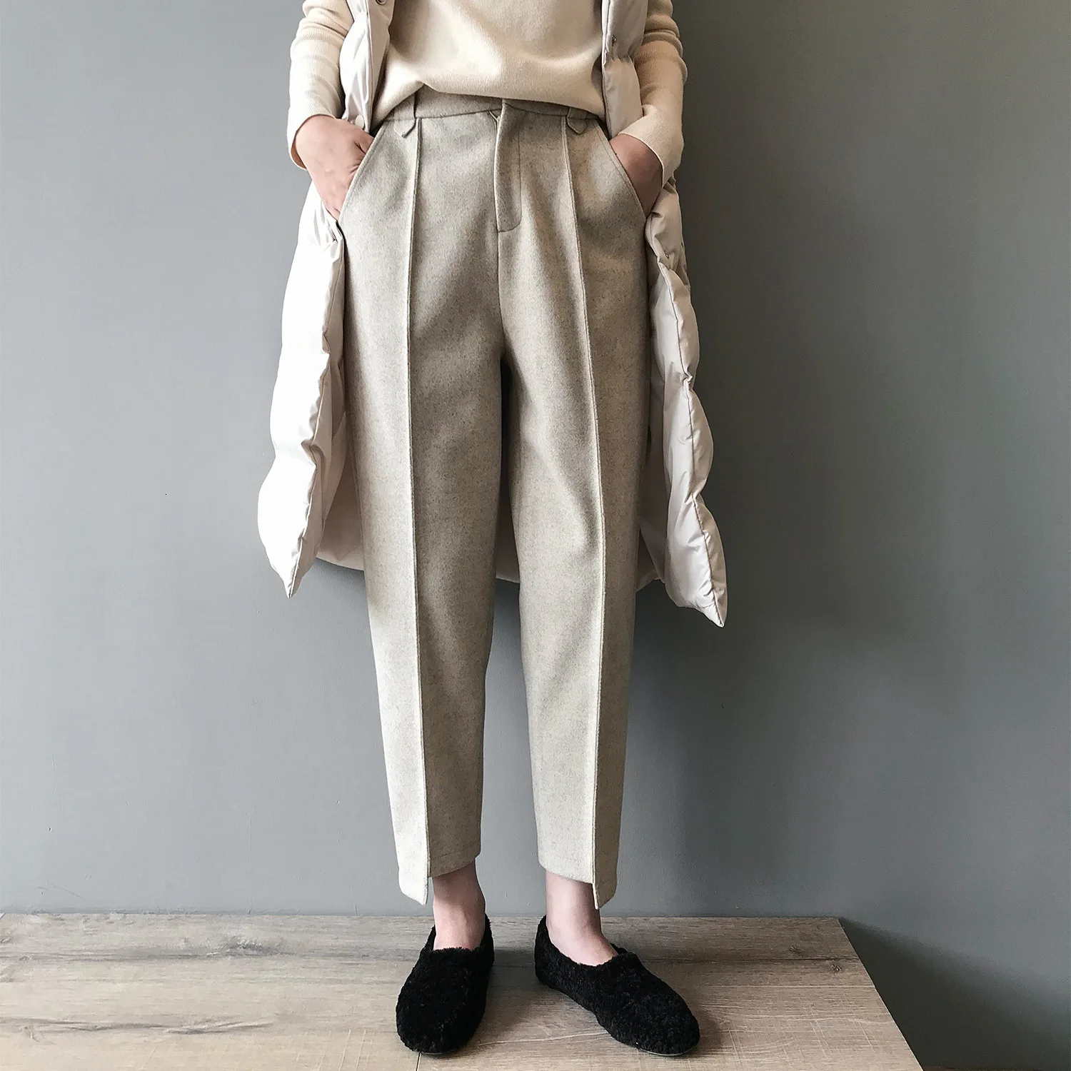 Mooirue зима осень Pantalon женские Harajuku Ol шерстяные Haren Высокая талия редис Высокая талия Женские панталоны низ