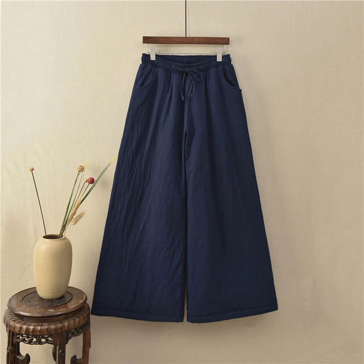 Темно-синий OriGoods Women Wide leg Pants Thick Warm Winter Pants Cotton Quilted Pants Women Wide leg Winter Trousers Original Vintage B275 - Цвет: Темно-синий