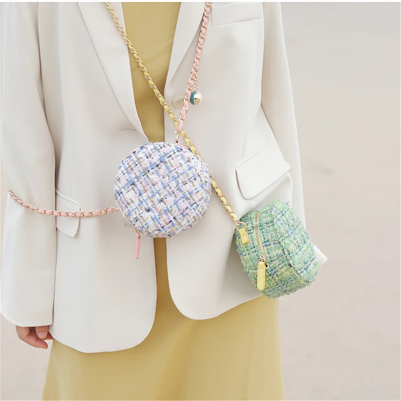 

Retro Wool Chain Round Bag Women Circular Handbags Printed Quilted Shoulder Crossbody Bags Female Messenger Bag