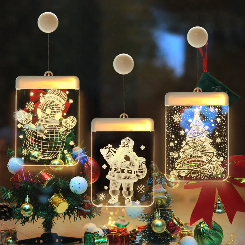 

LED Fairy Warm White Christmas Window Sucker Lamp Bell Elk Xmas Tree Snowflake Hanging Light Battery Powered New Year Xmas Decor