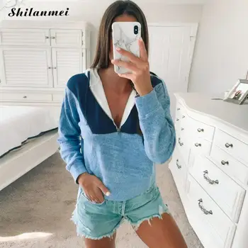 

Women Blue Tracksuits Hoodies Long Sleeve Color Patchwork Hooded Pullovers Women Casual Zipper Pockets Hoodies Sudadera Mujer