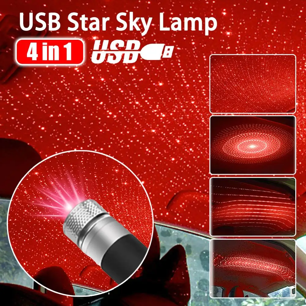 

4 in 1 Car Star Ceiling Light Atmosphere Decoration Ambient Light 360 Rotation+USB Interface Universal Car Room Decoration Light