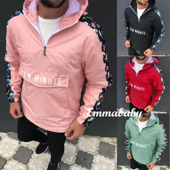 

Men Half Zip Pullover Hood Lightweight Windbreaker Front Pocket Jacket Fashion