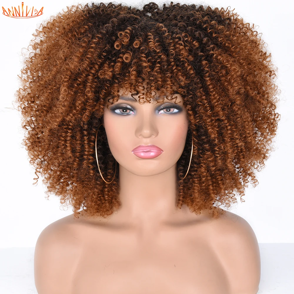 Curly Wigs Bangs Short Blonde Cosplay Afro Kinky Heat-Resistant Brown Annivia Black Synthetic