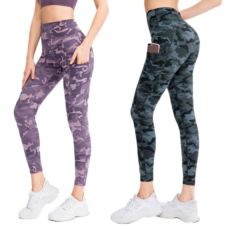 Lovmove Women High Waist Yoga Pants with Pocket Camouflage Leggings Female Camo Girl Running Tights Gym Pant Sport Trousers
