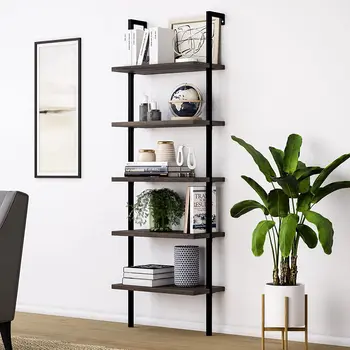 

Bookshelf Bookcase 5-Tier Modern Ladder Shelf Multipurpose Storage Rack Industrial Metal Frame Sturdy Easy Install[US-Stock]