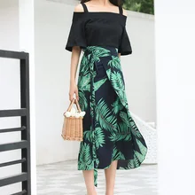 Женская шифоновая зеленая длинная юбка высокая талия высокая Большая Печатная украшение в виде листьев элегантная женская юбка для палантин бохо стиль
