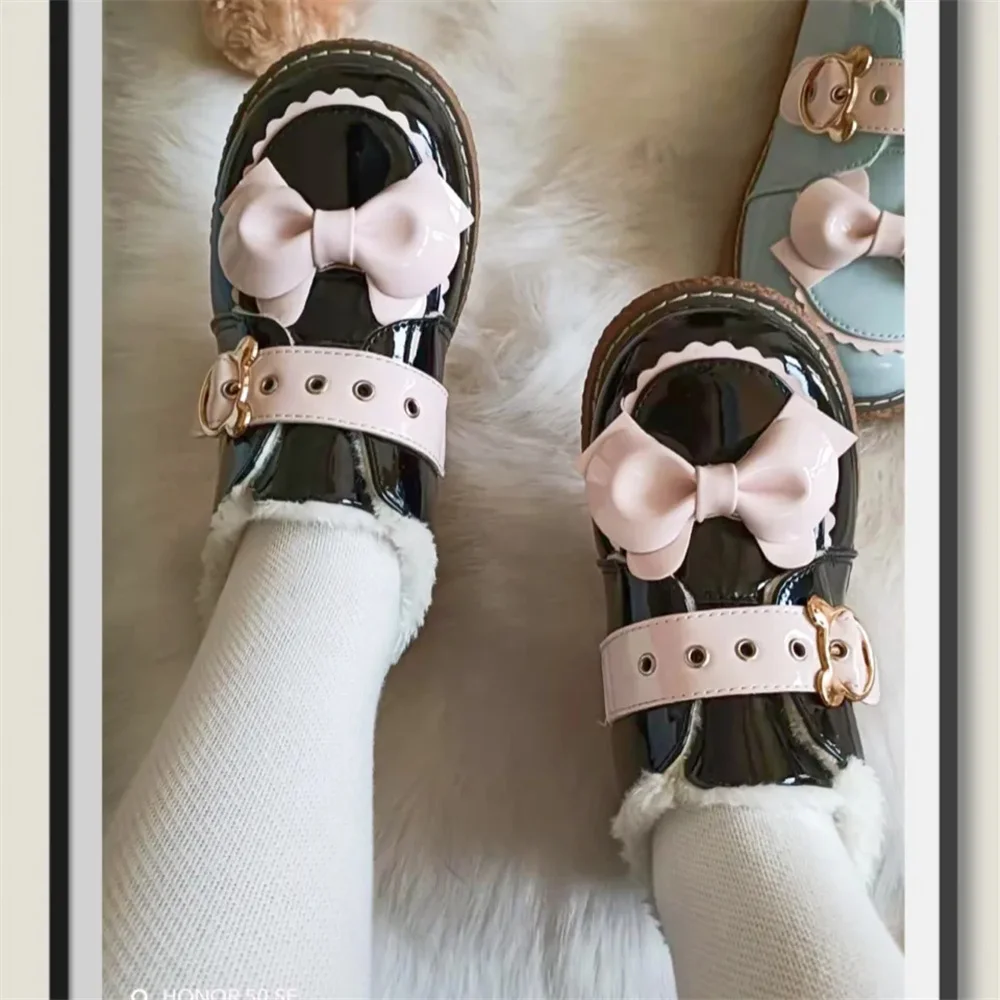 

Kawaii Girls Pink Bowknot Plus Velvet Japanese Sweet Lolita Shoes Victoria Cute Low Heel Round Head Tea Party Cosplay Lolita