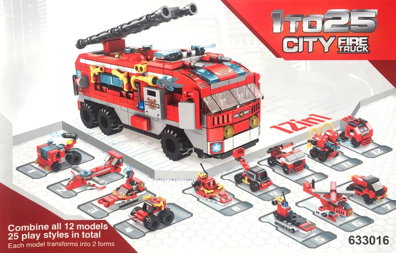 Building Blocks Fire Truck 12in1 City Building Bricks Fire Car Boat Stacking Toy Aircraft Rescue Robot Mini Fun Gift For Boy Kid