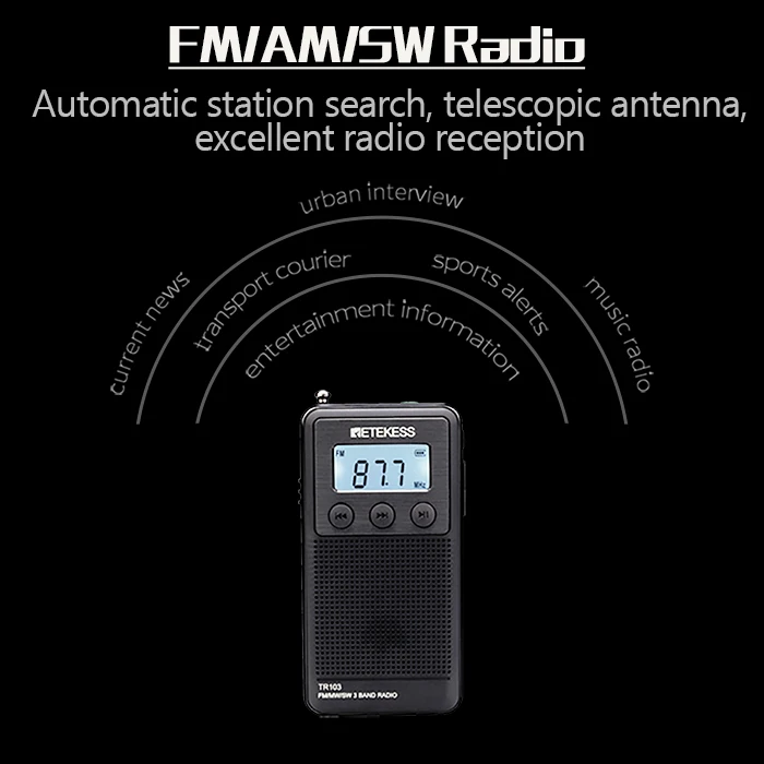 Retekess TR103 карман портативное мини-радио FM/MW/SW Цифровая настройка радио 9/10 кГц MP3 музыкальный плеер с Перезаряжаемые Батарея