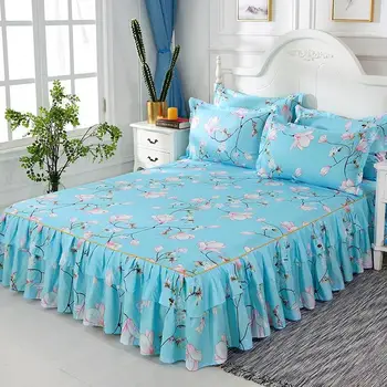 

30 3PCS Bed Skirt Flower Printed Fitted Sheet Cover Home Graceful Bedspread Bed Linens Bedroom Decor Mattress Cover Pillowcase