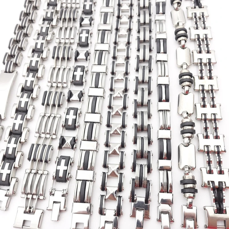 MIXMAX 10pcs Mens Stainless Steel Chain Bracelets Silver Color Mixed 10 Styles Fashion Jewelry Wholesale Lot Bracelet