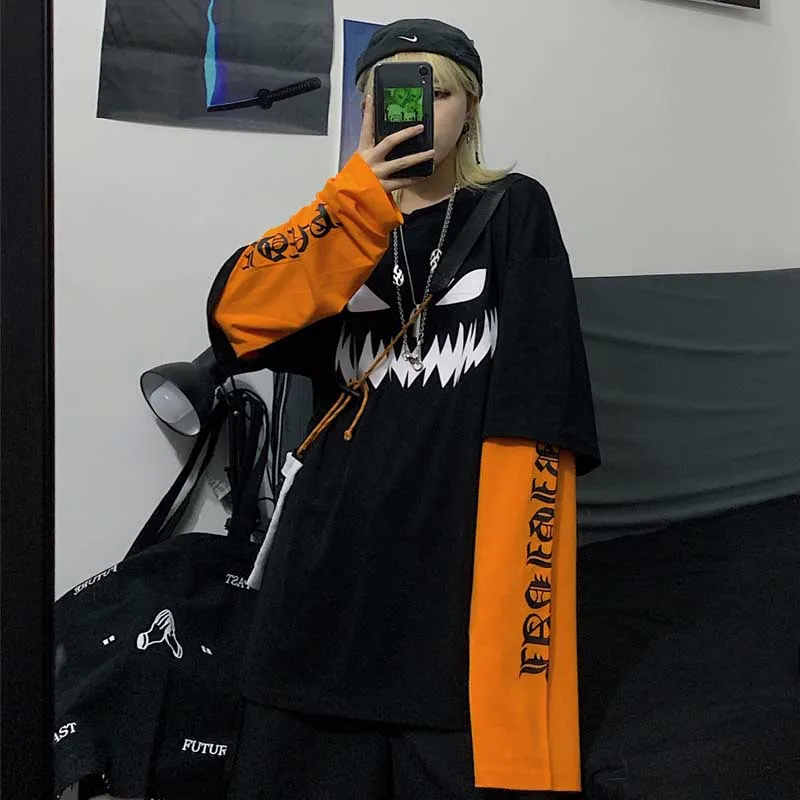 NiceMix Harajuku тыквы с буквенным принтом Футболка 2 фальшь Pieces в стиле пэчворк