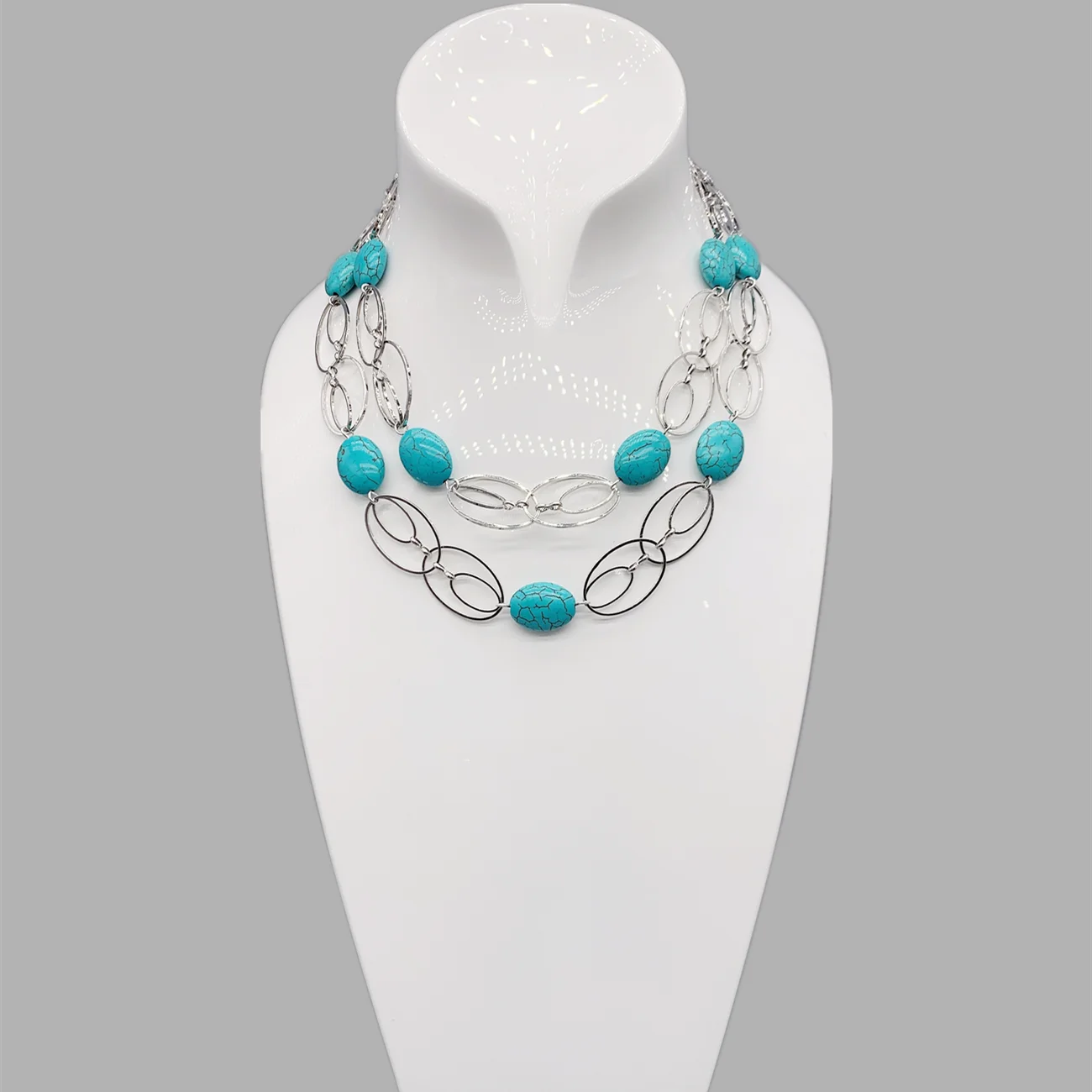 FoLisaUnique Stylish Long Silver Link Chains Oval Turquoise Necklace For Women Trendy Jewelry