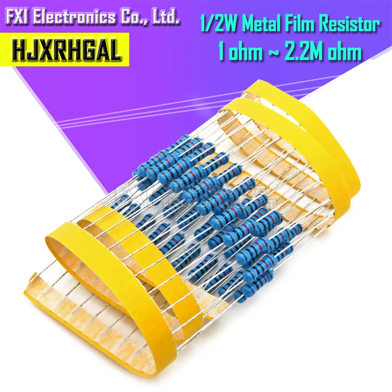50Pcs 1/2W Resistore A Film Metallico 1% 1R ~ 1M 1 2 10 22 47 100 330 Ohm 1K 4.7K 10K 22K 47K 100K 330K 470K 2R 10R 22R 47R 100R 330R