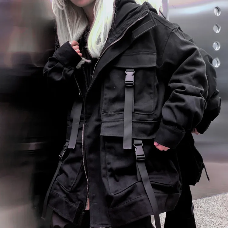 

High Quality Korean Streetwear Harajuku Black Denim Jacket Oversized Pockets Women Jeans Jackets Loose BF Vintage Casual Coats