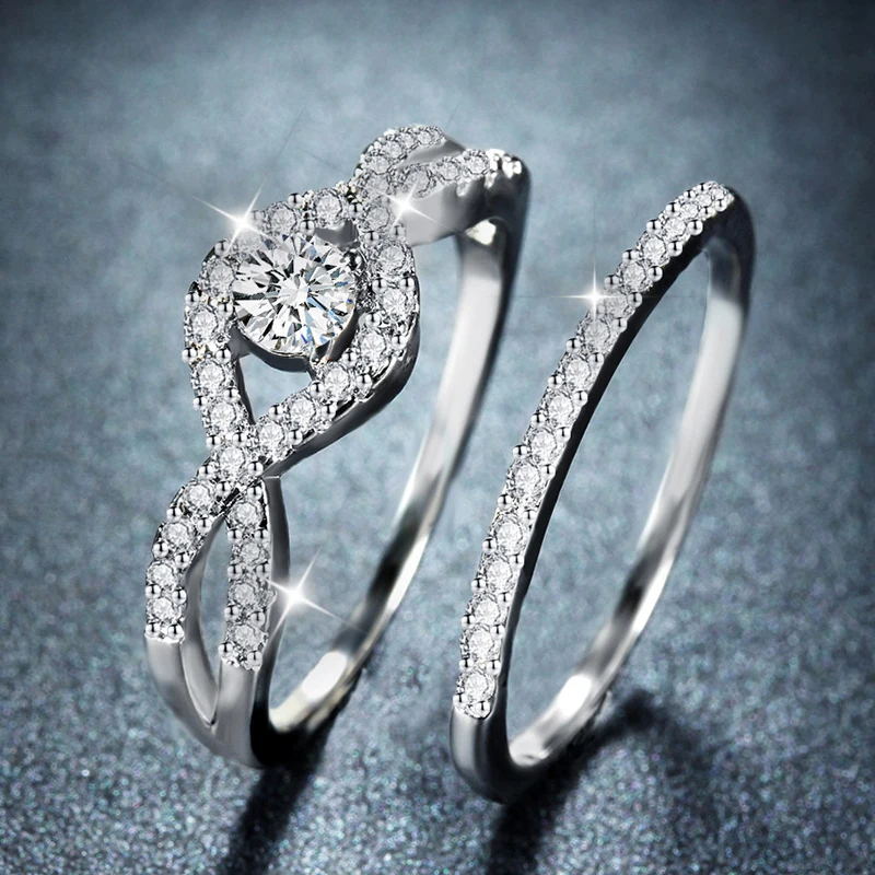 

HPXmas 2Pcs Wedding Set Rings For Women Girls Silver Crystal Zircon Ring Couple Finger Engagement Rings Party Jewelry Size 6-10