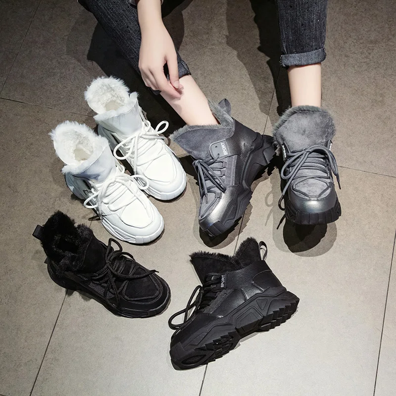 Ботильоны на платформе; Высокая хлопковая обувь; женские кроссовки, визуально увеличивающие рост; зимняя женская обувь на толстой подошве со шнуровкой; водонепроницаемые ботинки