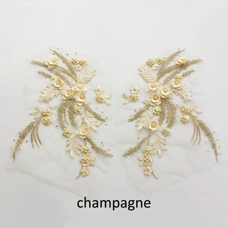 champagne 2 шт. 3D Цветочная вышивка одежда нашивки ручной работы кружево бисером тюль швейная ткань аппликация свадебное платье Одежда DIY Аксессуары - Цвет: champagne