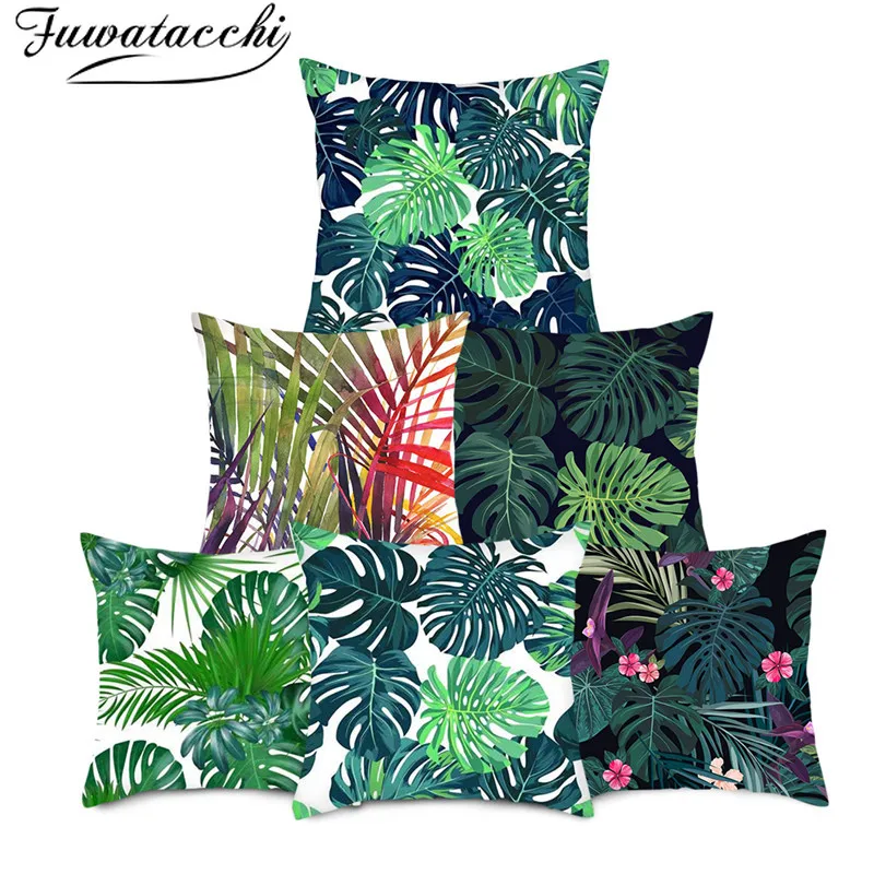 Fuwatacchi Leave Linen Cushion Cover Green Plant Leaf Pillow for Home Chair Sofa Decorative Pillowcases Flower 45*45 | Дом и сад