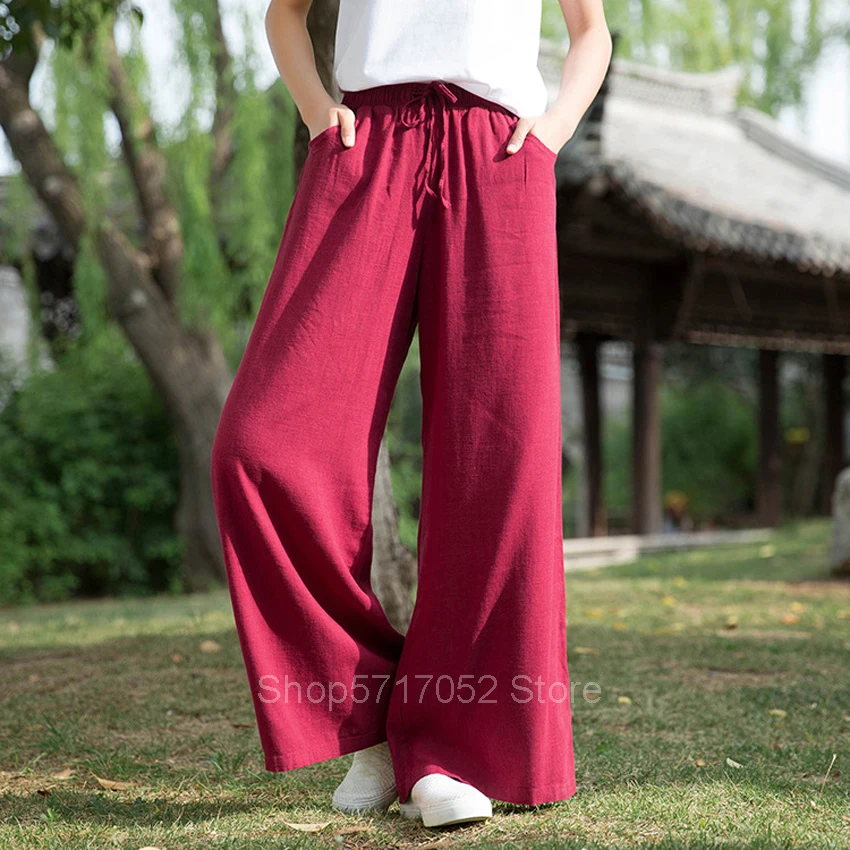 Chinese Pants Kung Fu Cotton Tai Chi Traditional Clothing Women Tang Suit Loose Pants Linen Soft Uniform Pocket Top Yoga Hanfu
