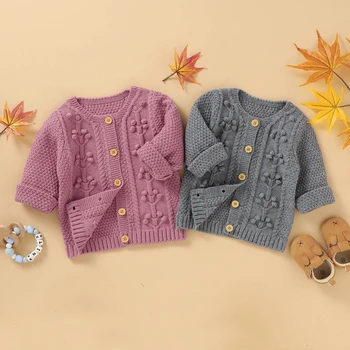 

Newborn Baby Girls Knitting Top Spring Fall Coat Round Neck Solid Colors Long-Sleeve Casual Flower Buttons Girl Blouse