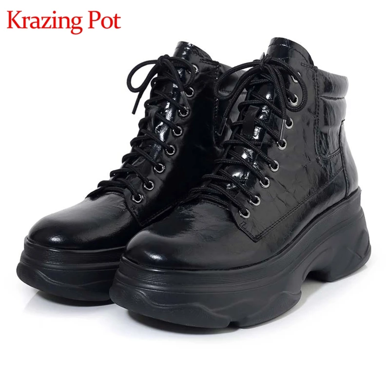 

Krazing pot 2019 new arrival special genuine leather round toe thick bottom high heel lace up leisure motorcycle ankle boots L63