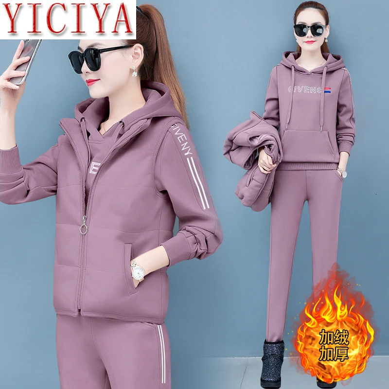 

Pink Plus Size Warm Thick 3 Two Piece Set Tracksuit For Women Outfits Vest Hoodies Pant Suits Matching Winter Fall Clothes