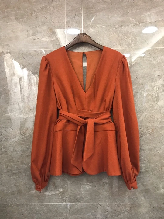 

Early Autumn 2019 New Woman V-Tie with Lotus Leaf Edge Pure Long-sleeved Baituan Top 904