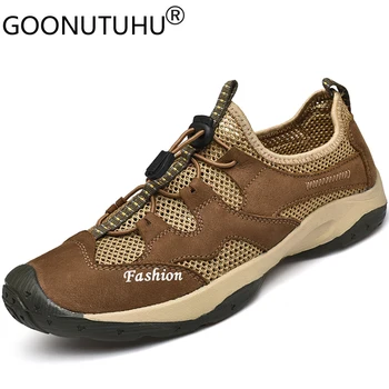 

Summer men's shoes casual genuine leather flats sneakers male breathable mesh shoe man brown black nice shoes for men size 38-48