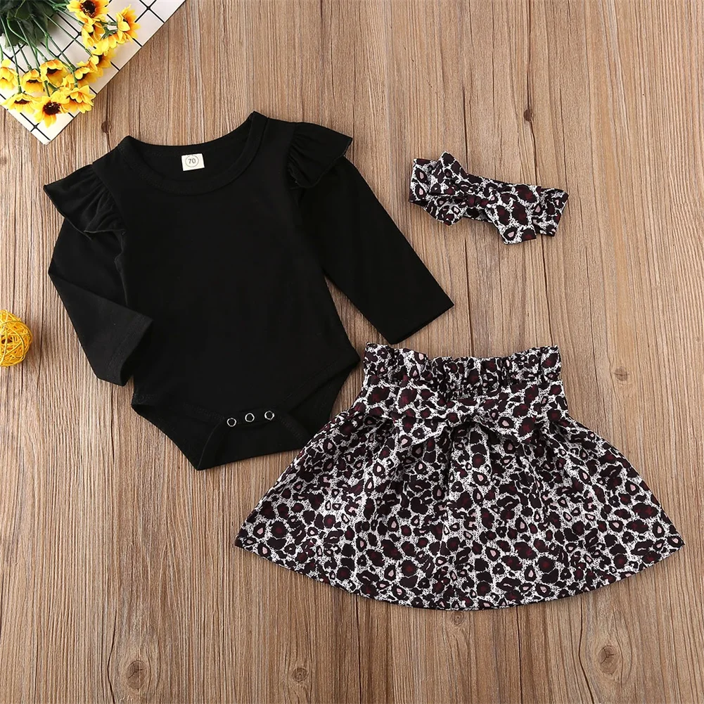 Коллекция года, весенне-осенняя одежда для малышей Одежда для новорожденных и маленьких девочек боди с длинными рукавами+ леопардовая юбка-пачка повязка на голову, комплект из 3 предметов