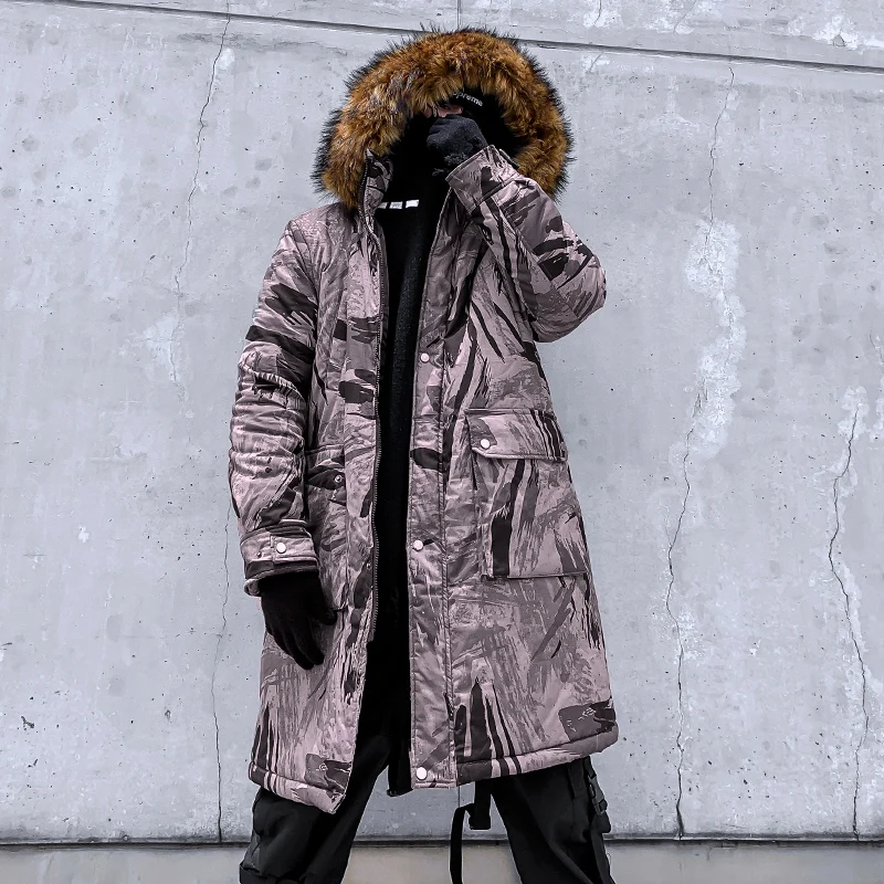 Камуфляжная зимняя куртка в полоску, мужская длинная канадская куртка с меховым капюшоном, теплая парка в стиле хип-хоп с буквенным принтом для мужчин и женщин, парная уличная одежда