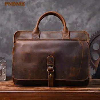 

PNDME business retro genuine leather men's handbags ladies briefcases fashion natural crazy horse cowhide laptop shoulder bag