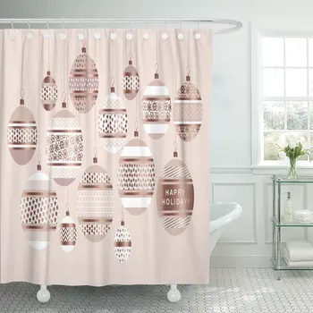 

Shower Curtain Xmas Gold Metal Bauble and New Year Fancy Header Waterproof Polyester Fabric 60 x 72 inches Set with Hooks