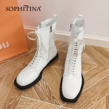 

SOPHITINA Women's Boots Fashion New High Quality Motorcycle Boots Leather Handmade Boots Ladies Thick Bottom Women's Shoes SO588