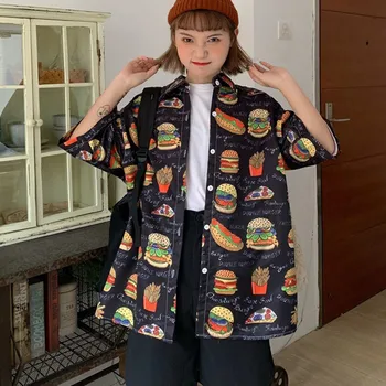 

Women Harajuku Print Shirt Summer Loose Turn-down Collar Streetwear Blouse